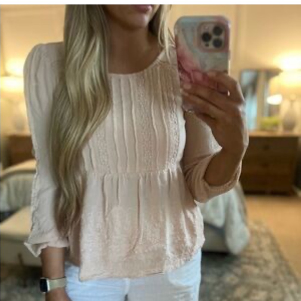 American Eagle Outfitters Pink Bohemian Bishop Sleeve Blouse with Bib collar